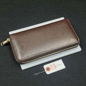 【浅草革具】メンズ 財布 メンズ長財布 ラウンドファスナー 牛革 ヌメ革 1円 ハンドメイド ロングウォレット 新品 未使用 ダークブラウン