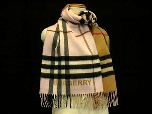 1円 ■美品■ BURBERRY バーバリー カシミア100% フリンジ マフラー ストール 防寒具 レディース ベージュ系×ピンク系 FC4480