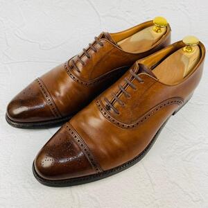 【良品】Crockett&Jones クロケットアンドジョーンズ MELTON メダリオン 内羽根 茶 ブラウン 7 25.5cm ストレート セミブローグ カジュアル