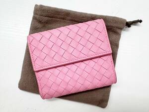 美品　Bottega Veneta　ボッテガヴェネタ　イントレチャート　Wホック財布　コンパクトウォレット　ピンク