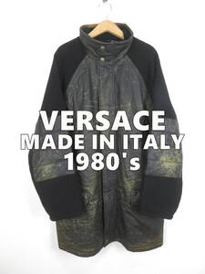 80s 90s ヴェルサーチ ★ イタリア製 ニット切り替え エコレザー ロングコート 54 ★ VERSACE SPORT スポーツ フェイクレザー ダメージ加工