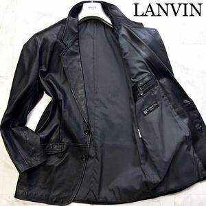 【極美品】定価30万!幻のXL!!LANVIN★最高級ランバン【圧巻絶品】最高級羊革 艶ラムレザーテーラードジャケット シルク絹 黒ブラック春夏50