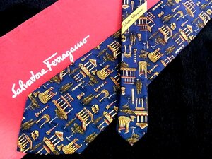 ♪今週の特売980円～♪2295♪良品【Ferragamo】フェラガモ【柱 アーチ 樹木 柄】ネクタイ♪