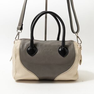 【1円スタート】FURLA フルラ 2WAY ショルダーバッグ ハンドバッグ グレー ブラック 黒 アイボリー レザー 本革 モノトーン レディース 鞄