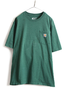 大きいサイズ XL ■ カーハート クルーネック ポケット付き 半袖 Tシャツ ( メンズ L ) 古着 ヘビーオンス ポケT CARHARTT ワンポイント 緑