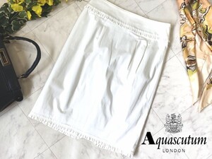 e133★ Aquascutum アクアスキュータム 白 ホワイト タイト スカート レディース ボトムス フリル フェミニン系 膝丈 細身 7Sサイズ