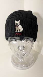 2748送料100円 POLO RALPH LAUREN ラルフローレン ニットキャップ ビーニー ニット帽 帽子 ブラック系 犬 ブルドッグ 刺繍 秋冬 黒 