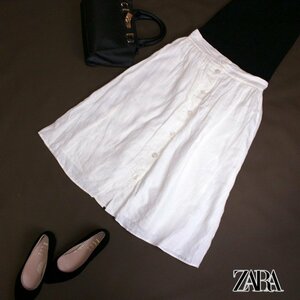 美品 ザラ ウーマン ZARA woman ■ 春 夏 可愛い ナチュラル 前ボタン リネン シャツ生地 フレアスカート XS ギャザー ホワイト 白 無地