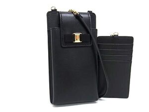 ■新品同様■Salvatore Ferragamo フェラガモ ヴァラリボン レザー カードケース付き スマホショルダー 斜め掛け ブラック系 AY5060