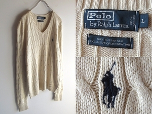 希少 00sビンテージ Polo by Ralph Lauren ラルフローレン ロゴ刺繍 タッサーシルク Vネック ケーブルニット L オフホワイト 白 USA企画