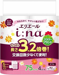 エリエール トイレットペーパー i:na(イーナ) フラワープリント 3.2倍巻き 75m×4ロール ダブル パルプ100% 華や