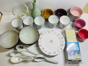 Y-653M【1円スタート】食器 おまとめ セット ガラス お皿 カップ　工芸品　花入れ　PERCEPTION　NIKKO　良泉　ゆらぎ　/　おまけ付　砥石