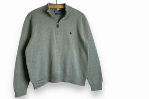 90sビンテージPOLOポロby RalphLaurenラルフローレンボトルネックハーフジッププルオーバーオールコットンニットセーターLグレーnr24505