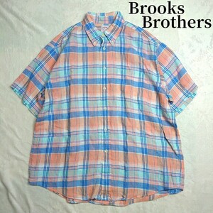 麻100% Brooks Brothers ブルックスブラザーズ リネン マドラスチェック 半袖 シャツ パール調 刻印入りボタン XL ビッグサイズ 夏