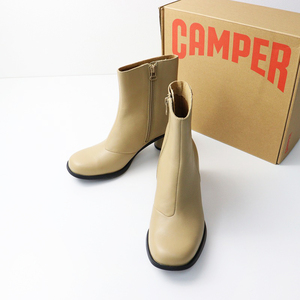 美品 カンペール CAMPER Kiara キアラ レザー アンクルブーツ 38(24cm)/ベージュ チャンキーヒール フロントジップ【2400014218725】