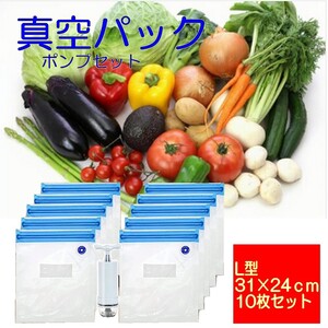 食品保存 真空パック L型10枚【31×24cm】ポンプセット フードセーバー フードシーラー 保存袋 再利用可 野菜 魚 肉 釣り アウトドア