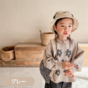 ゆったり 花柄イラスト 長袖Tシャツ ワイド カジュアル キッズ服 ベビー服 女の子 ガールズ 韓国子供服 (110, グレー)