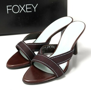 GQ0517*《FOXEY フォクシー》グログランリボン ストラップサンダル ミュール 35(22cm相当) 靴 茶 ブラウン×ブルー系