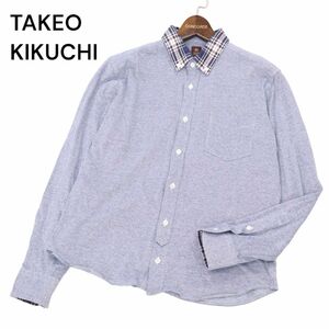 美品★ TAKEO KIKUCHI タケオキクチ 春夏 ボタンダウン 長袖 チェック切替 鹿の子 シャツ Sz.3　メンズ 日本製　C4T06697_7#A