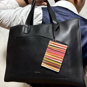 極美品/現行◎ ポールスミス Paul Smith A4収納 メンズ レザー トートバッグ ビジネス 肩掛け マルチカラー エピレザー ブラック 黒 希少◎