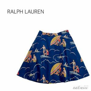 RALPH LAUREN ラルフローレン . 綿麻 コットン リネン 総柄 サーフ プリント Aライン 大人 フレア スカート 送料無料