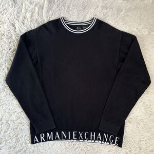 極美品 XL相当 アルマーニエクスチェンジ ARMANI EXCHANGE メンズ ニット セーター プルオーバー ロゴ 長袖 黒 ブラック リブ バックロゴ