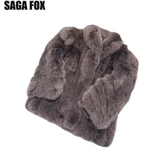 SAGAFOX FUR サガフォックス ファーコート 銀サガ 本毛皮 高級 カラーフォックス ハーフコート グレー 裏地花柄 刺繍 着丈約68cm