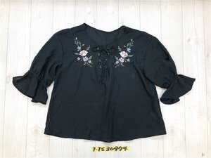 Gleeful レディース 花刺繍 レースアップ フリルスリーブ カットソー M 黒