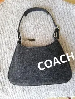 COACH 　ハンドバッグ　黒レザー×チャコールグレーウール調生地　肩掛け