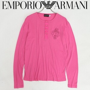 国内正規品◆EMPORIO ARMANI エンポリオ アルマーニ デザイン刺繍 ヘンリーネック コットン 長袖 Tシャツ カットソー ピンク L