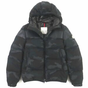 美品▼MONCLER モンクレール ERAULT エロー カシミヤ混 迷彩 カモフラ ロゴワッペン・フード付 ダウンジャケット ブラック系 0 正規品