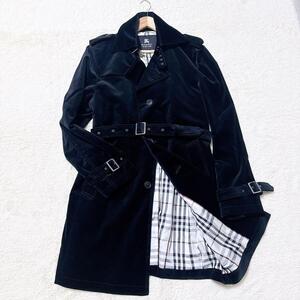 2315 【希少ベロア使用　Lサイズ】BURBERRY BLACK LABEL トレンチコート　ノバチェック　ブラック 黒 ベルト　カットパイル