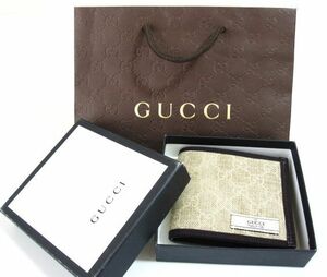 未使用 GUCCI グッチ 2つ折り財布 GG レザー＆キャンバス 小銭入れなし 281950 ショッピング紙袋付 こげ茶