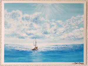 風景画　海の絵　海　夏　船の絵　帆船　アート　絵画　オイルパステル　