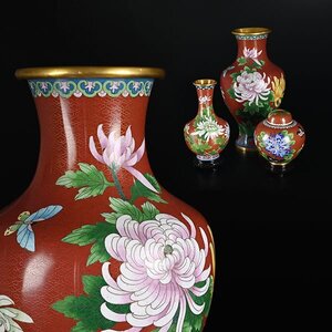 【加】1822e 中国美術 七宝 花蝶図 花瓶 2点 蓋物 1点 計3点 総重量 約3,48kg / 唐物 置物