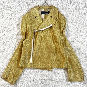 美品 青山店限定◆COMME des GARCONS AD2003 ゴールドラメ ダブル ライダースジャケット ブルゾン M相当 レディース コムデギャルソン