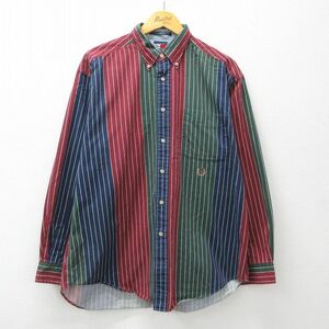 XL/古着 トミーヒルフィガー 長袖 ブランド シャツ メンズ 90s ワンポイントロゴ マルチカラー コットン ボタンダウン 緑他 グリーン