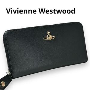 viviennewestwood ヴィヴィアンウエストウッド 長財布 ラウンド フルジップ ウォレット Wallet 金オーブ レザー 内装総柄 大容量 ブラック