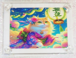 【2L】ネコ日本帝国 171 着物と亜麻色猫 絵画イラストオリジナル原画 Cat Empire Kimono flaxen cat painting original art