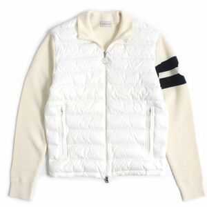 極美品▼2021年製 MONCLER モンクレール CARDIGANTRICOT ラバーロゴ付き ニット切替 WZIP ダウンジャケット クリーム×白 S メンズ 正規品