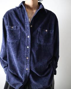 S303 Vintage Wide Heavy Corduroy L/S Shirt Navy 80s 90s 太畝 肉厚 コーデュロイ 長袖 ワーク シャツ 濃紺 ネイビー L-XL