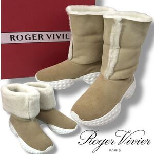 u27 Roger Vivier ロジェヴィヴィエ ヴィヴ ラン ライトファー スエード ショートブーツ 2way レザー シューズ 38 ベージュ 正規品