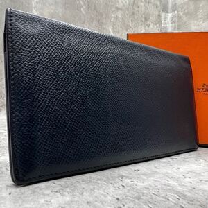 【美品 Y刻印】エルメス HERMES シチズンツイル シルクイン 長財布 二つ折り お札入れ エプソン レザー ネイビー メンズ ビジネス 2020年