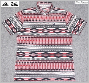 即決 極美品 adidas GOLF アディダスゴルフ エスニックパターン トリコロール 総柄デザイン ストレッチ 吸汗速乾 半袖ポロシャツ M メンズ