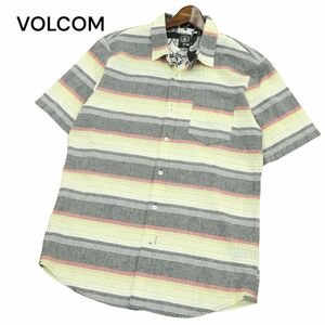 美品★ VOLCOM ボルコム 春夏 SLIM FIT ロゴ刺繍★ 半袖 マルチボーダー シャツ Sz.L　メンズ スケボー　A4T07283_6#A