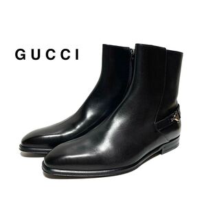 ☆未使用 グッチ GUCCI ホースビット ストラップ レザー サイドジップ ブーツ 黒 イタリア製 革靴 ショートブーツ