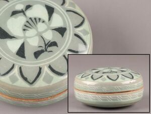 古美術 朝鮮古陶磁器 高麗青磁 白黒象嵌 香合 時代物 極上品 初だし品 C6192