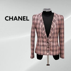 高級 CHANEL シャネル 01P P17530V09957 ココマークボタン シルクウール混 裾チェーン 装飾 ツイード ノーカラージャケット