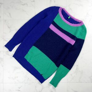 美品 BENETTON (UNITED COLORS OF BENETTON) ベネトン 配色ニットトップス レディース 紺 緑 紫 青 サイズM*NC880