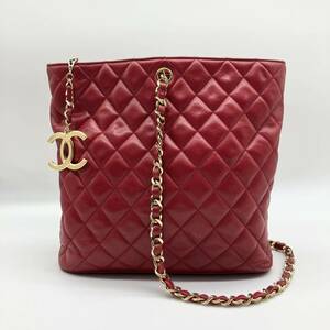 希少 CHANEL シャネル マトラッセ ラムスキン ココマークチャーム バケット バケツ型 チェーンショルダーバッグ 赤 レッド ゴールド金具